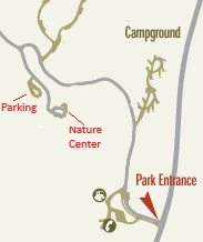 Map showing parking and the walk to the Nature Center at Caspers Wilderness Park